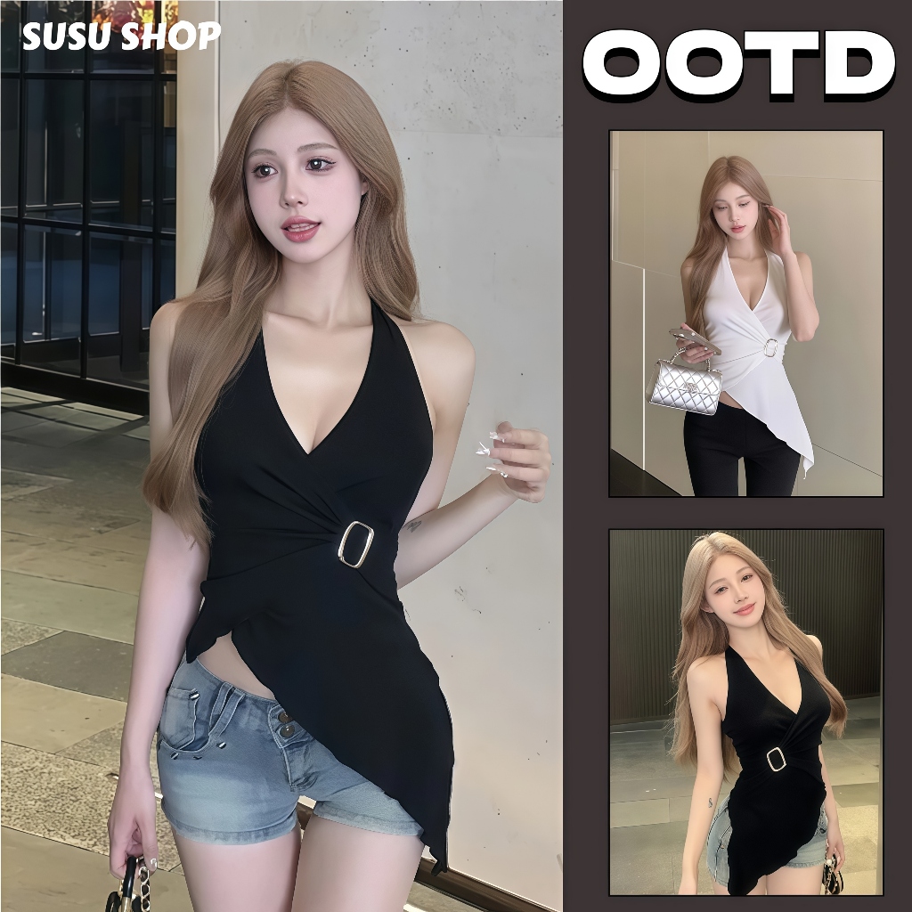 SuSu เสื้อผู้หญิงแบบคล้องคอ คอวี ดีไซน์เปิดหลัง เรียบง่าย สีดำ สีขาว แฟชั่นมากFY9240-0