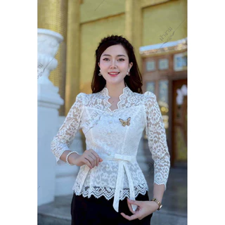 เสื้อลูกไม้อิตาลีรุ่นโบว์น่ารักๆ คอวี แขนยาว อัดกาวทั้งตัว ใส่สบาย พร้อมส่ง ใส่ออกงานได้หลายโอกาส