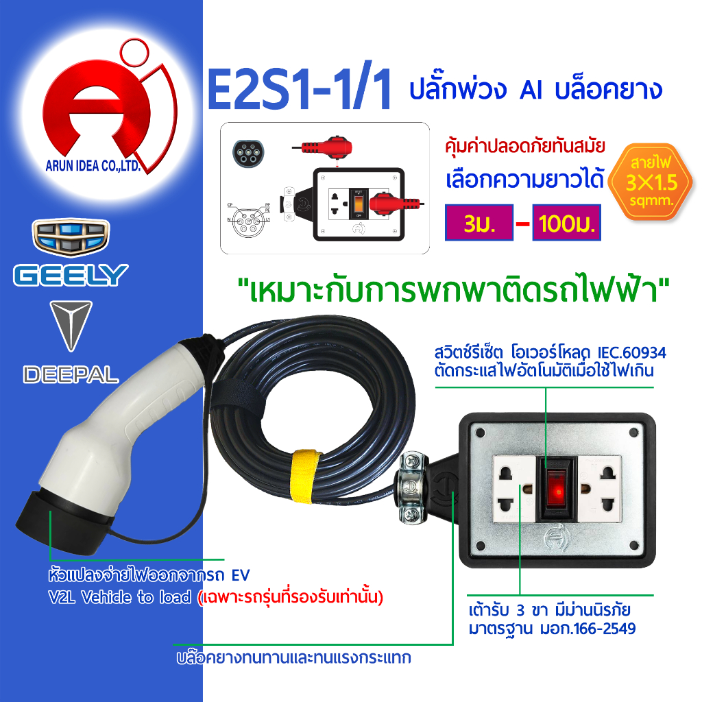 ปลั๊กพ่วง ปลั๊กไฟ รถไฟฟ้า V2L DEEPAL 05 07 GEELY ex2 ex5 ตั้งแค้มป์ สาย3x1.5 มอก 3ม. - 25ม. รุ่น E2S