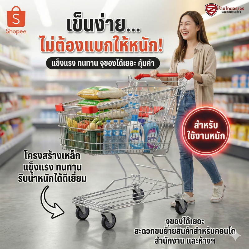 (จัดส่งฟรี) รถเข็นซุปเปอร์มาเก็ต มาตรฐานห้าง BigC Makro Lotus  รถใส่ของ รถเข็นshopping 60-180 ลิตร ร้านไทยจราจร