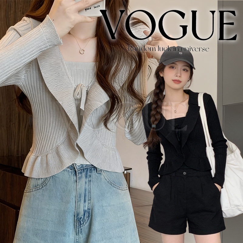 Vogue🌟พร้อมส่ง🌟เซ็ต เสื้อคลุมไหมพรม  ผ้าไหมพรมยืดเยอะมาก ใส่จับคู่แมตช์ปังๆ (P08+P08-1)