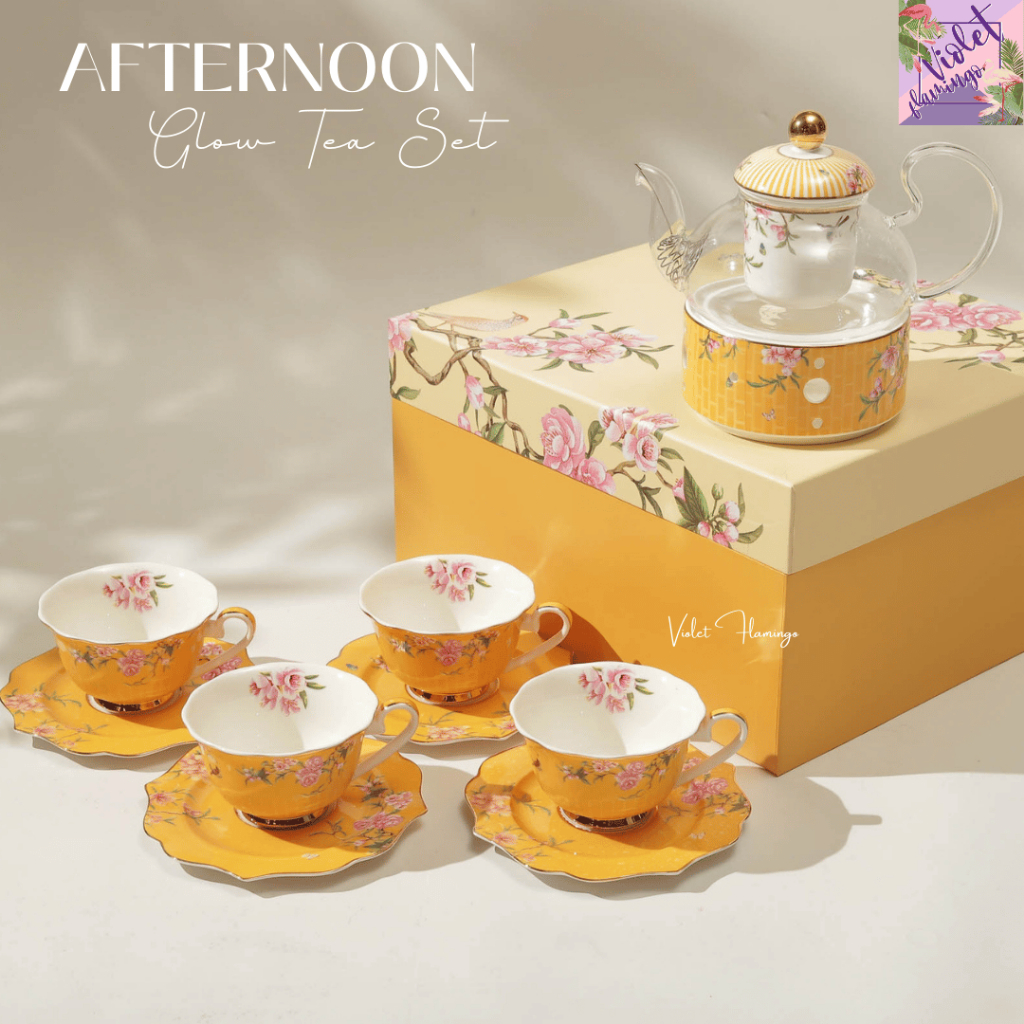 Violet Flamingo – Afternoon Glow Tea Set  ชุดน้ำชาลายดอกไม้โทนเหลืองอบอุ่น วัสดุโบนไชน่า มาพร้อมกล่องของขวัญสุดพรีเมี่ยม ราคา ถูกที่สุด ดีลบีเคเค แกลเลอรีภาพที่ 3