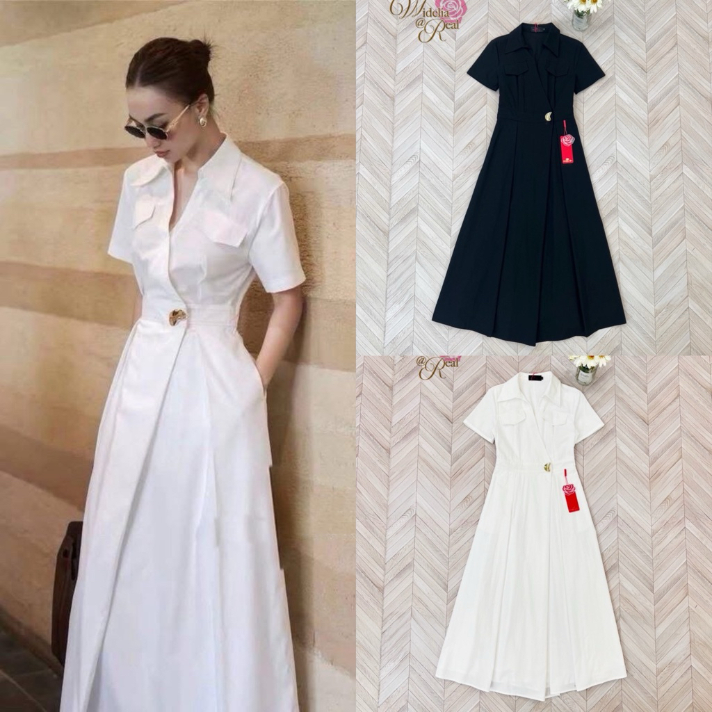 [Widelia @ Real] แม็กซี่เดรสตัวยาว คอปกเชิ้ต แขนสั้น ตัวเดรสเย็บเป็นทรงป้าย อกแต่งกระเป๋าหลอก