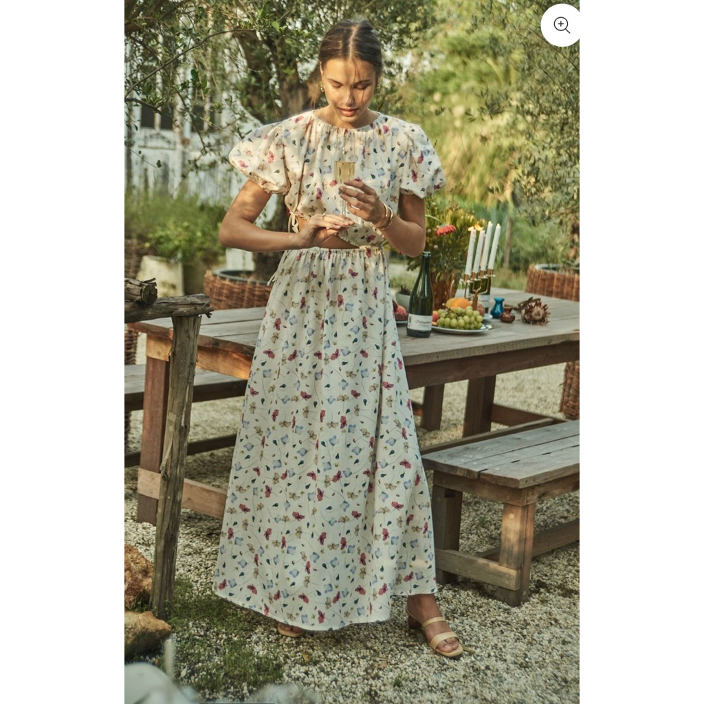Pleased Daya Floral dress เดรสยาว แขนพอง เว้าเอว แบรนด์ PLEASED