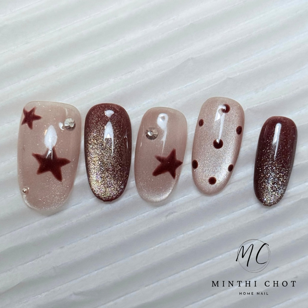 Mc05 สีลูกแก้วน้ำตาลนู้ด น้ำตาลเข้มลูกแก้ว เพ้นลายท์ดาวโพกาดอท ติดอะไหล่ *รอสินค้า 1 วัน