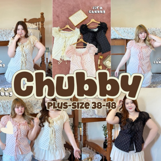 (🎀shopee video & liveมีส่วนลด+ส่งฟรี🎀) เสื้อสาวอวบอ้วนแขนตุ๊กตาลายจุด ดีเทล เสื้อ 2 ชิ้น  ตัวใน แต่งด้วยผ้าโรซี่(38-48)