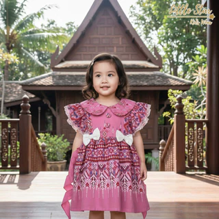 ⭐️Littlestar👧🏻 เดรสเด็กผ้าไทย ชุดไทยเด็กผ้าฝ้าย ผ้าครัช แต่งลูกไม้ มินิเดรสเด็กกระดุมหลัง มีสายผูกโบว์ GSF0653