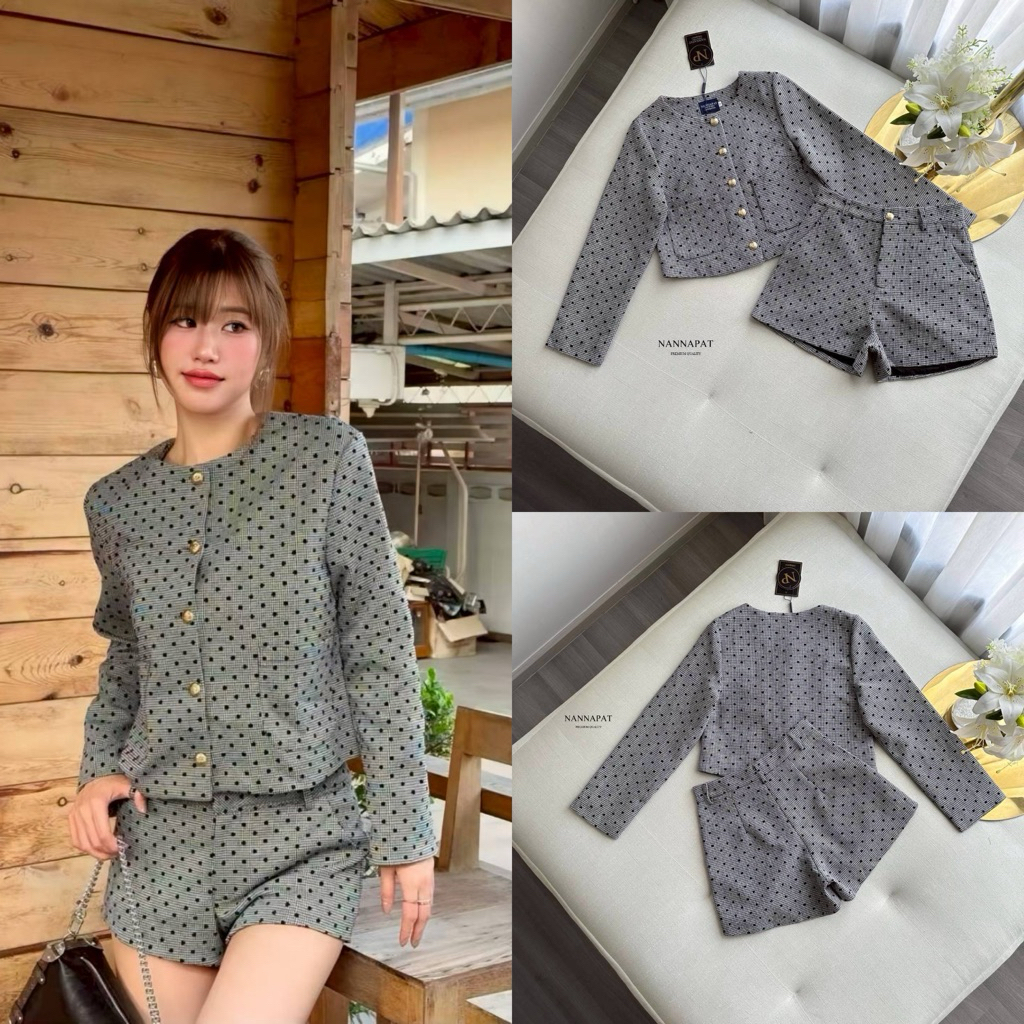 [NANNAPAT] ชุดเซต 2 ชิ้น (เสื้อแจ็คเก็ตแขนยาว & กางเกงขาสั้น) ดีไซน์คอเกลี้ยงให้ลุคที่ดูสะอาดตา