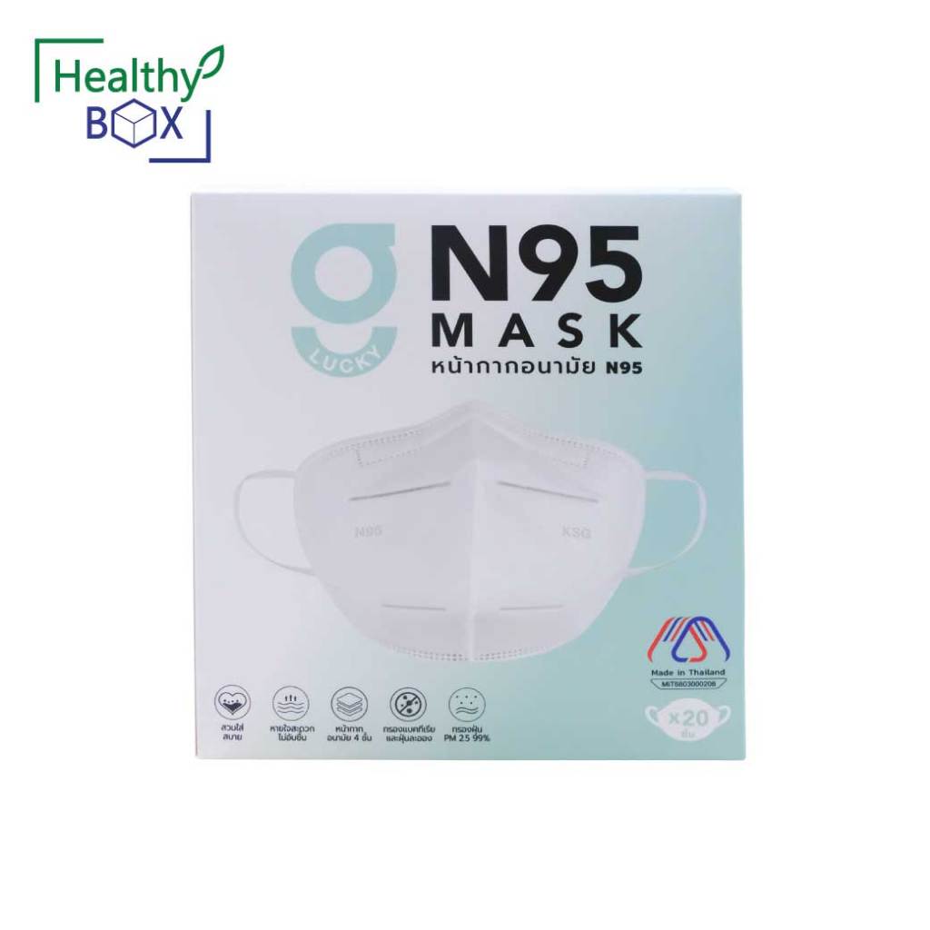 GLUCKY N95 Mask สีขาว กล่อง20ชิ้น หน้ากากอนามัย 4ชั้น กรองแบคทีเรียและฝุ่นละอองกรองฝุ่นPM 25 99%