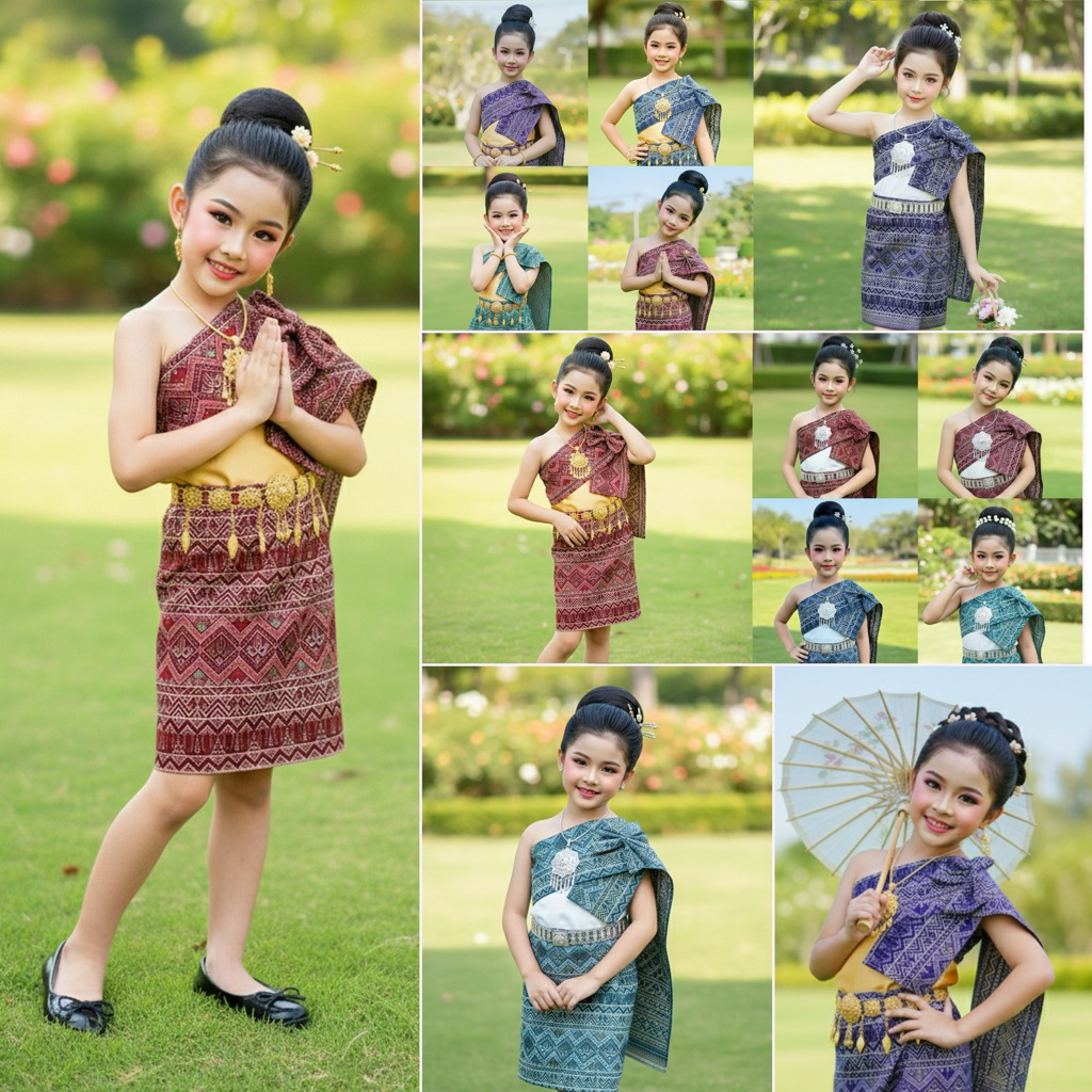 ชุดเซิ้งอีสาน ชุดลาว ชุดการแสดงเด็ก ชุดผ้าทอ เกาะอก+กระโปรง/สไบ/โบว์สำเร็จ สินค้าพร้อมส่ง