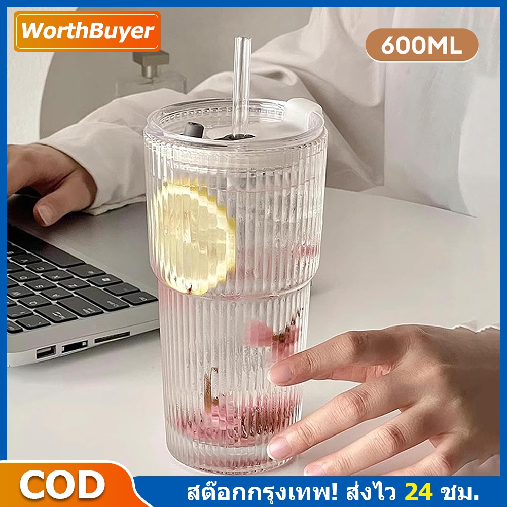 [แตกเคลมฟรี🍊]แก้วน้ำแก้วใส 600ml พร้อมฝาปิด+หลอดดูดแก้ว｜ใช้งานซ้ำได้ ทำความสะอาดง่าย