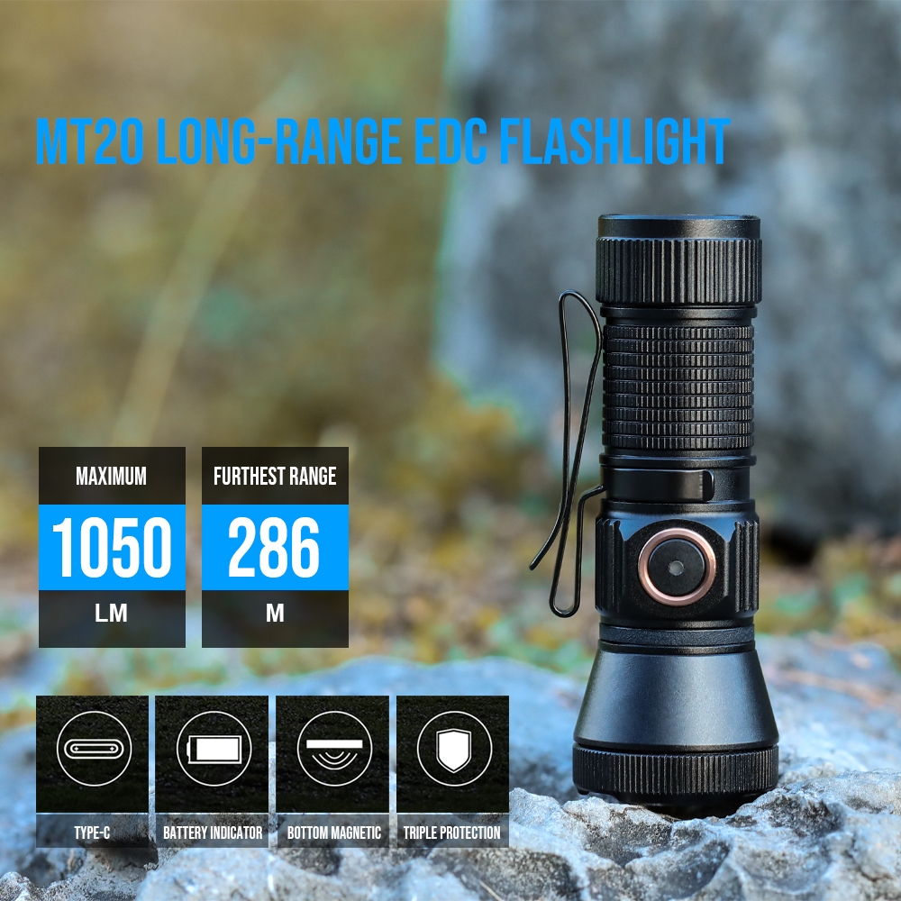 ไฟฉาย Trustfire MT20 EDC ความสว่าง 1050 ลูเมน ไฟฉาย LED พกพา ชาร์จไฟได้ ไฟทำงานขนาดเล็ก ใช้แบตเตอรี่ 18350 เลนส์ MVB พร้