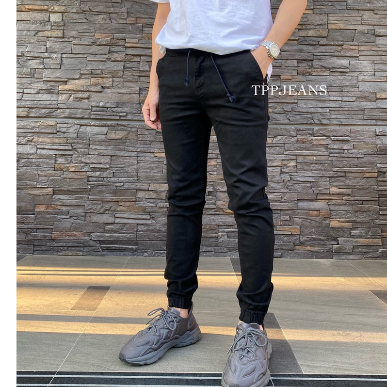 JEANSEXPRESS JOGGER BLACK กางเกงขาจั้มสีดำสนิท ผ้ายืด มีซิปเอวยางมีเชือก Size 28-54 รับชำระปลายทาง