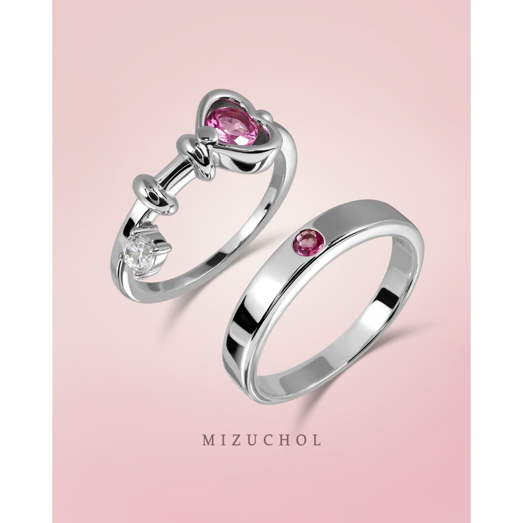 Mizuchol แหวนคู่เงินแท้ประดับพลอย Pink Tourmaline รุ่น Lock & Key