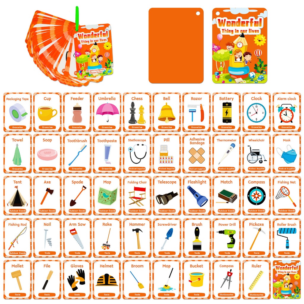 50Pcs Daily Objects Vocabulary Learning Cards for Kids Baby Preschool Wonderful Thing in Our Lives Cognitive Flashcards
