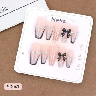 SD 10 ชิ้น 3D เล็บปลอมเล็บยาวเล็บสีทึบ Rhinestone Frosted เล็บปลอม,ถอดเล็บที่ถอดออกได้ สไตล์การ์ตูนน่ารัก มีขนาด XS/S/M