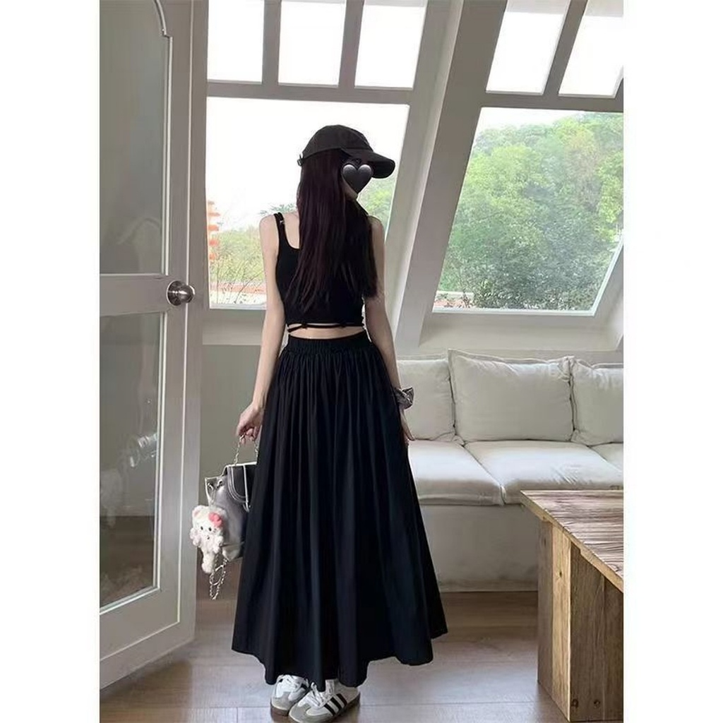 สีดำ ยาวพิเศษ กระโปรง กระโปรงทรงเอ เอวสูง หลวม ความทิ้งตัว การทำตัวให้ผอม ย้อนยุค บุคลิกภาพ - รูปที่ 7