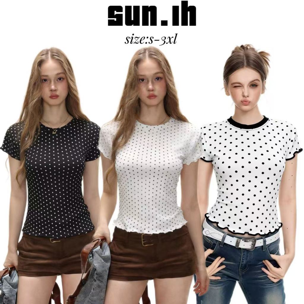 SUN🛍️พร้อมส่ง🛍️เสื้อยืดแขนสั้นผู้หญิง สไตล์ใหม่รับซัมเมอร์ ฤดูร้อน ลายจุดอเมริกันเรโทร ชายเสื้อระบาย พับปลายขา