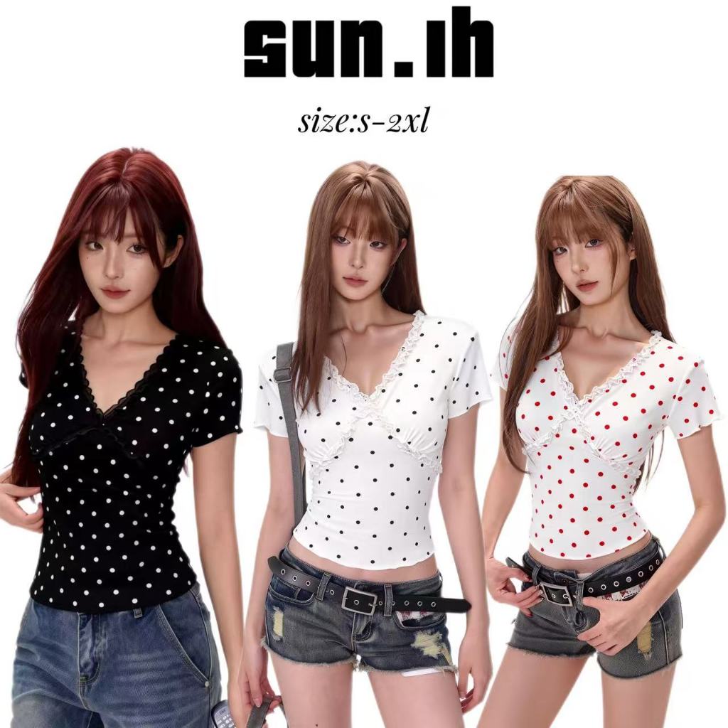 SUN ️พร้อมส่ง ️เสื้อยืดแขนสั้นลูกไม้สำหรับผู้หญิง สไตล์ใหม่รับซัมเมอร์ คอวี แขนสั้น ลายจุด – โปรปัง