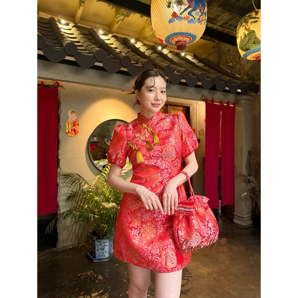 เดรสคอจีนแต่งพู่ๆสีทอง เดรสกี่เพ้า ชุดตรุษจีน Camellia - รูปที่ 6