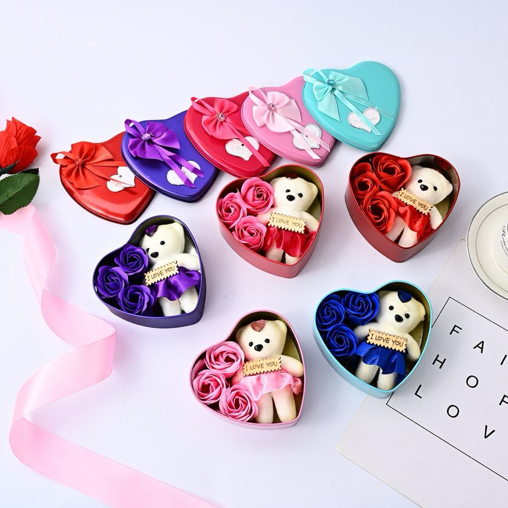 🌺พร้อมกล่อง🌺 ดอกกุหลาบ กุหลาบสบู่ ของขวัญวาเลนไทน์ ช่อกุหลาบ กุหลาบวาเลนไทน์ ของขวัญ มาพร้อมตุ๊กตาหมี พร้อมส่ง📌