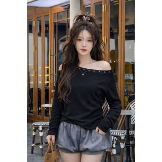Acasey เสื้อปาดไหล่ แขนยาว ✨ Eyelet Chic Off-Shoulder Tee ✨ EL