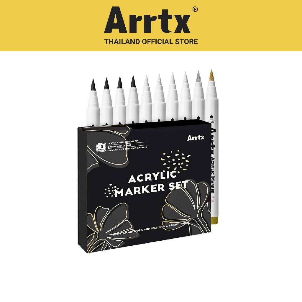 FOLIO ART : Arrtx ปากกาอะคริลิคมาร์คเกอร์ 10 Pcs.(Black White Gold Silver colors) Brush Tip รหัส 94114