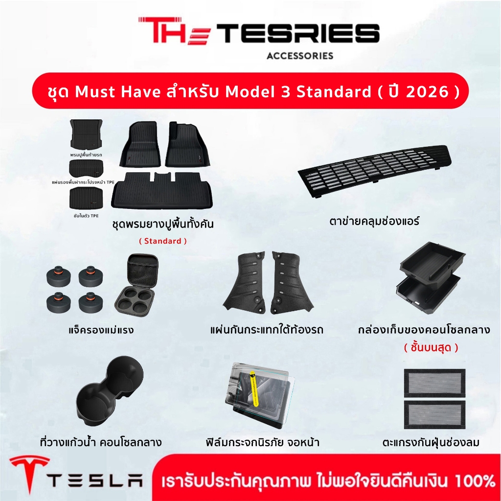 Tesla ชุดรวมอุปกรณ์ Must Have ที่จำเป็นสำหรับออกรถใหม่ สำหรับ Model 3 Standard ปี 2026 ทุกไอเทมค