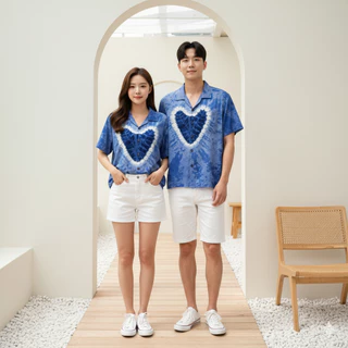 NEW!! เสื้อเชิ้ตฮาวายมัดย้อมคราม อก42-60" ใส่ได้ทั้งชายและหญิง Clothing