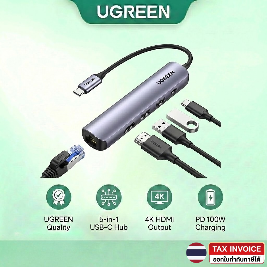 UGREEN รุ่น 10919 USB-C Hub 5 in 1 Networking Hub with Gigabit Ethernet Port 4K HDMI