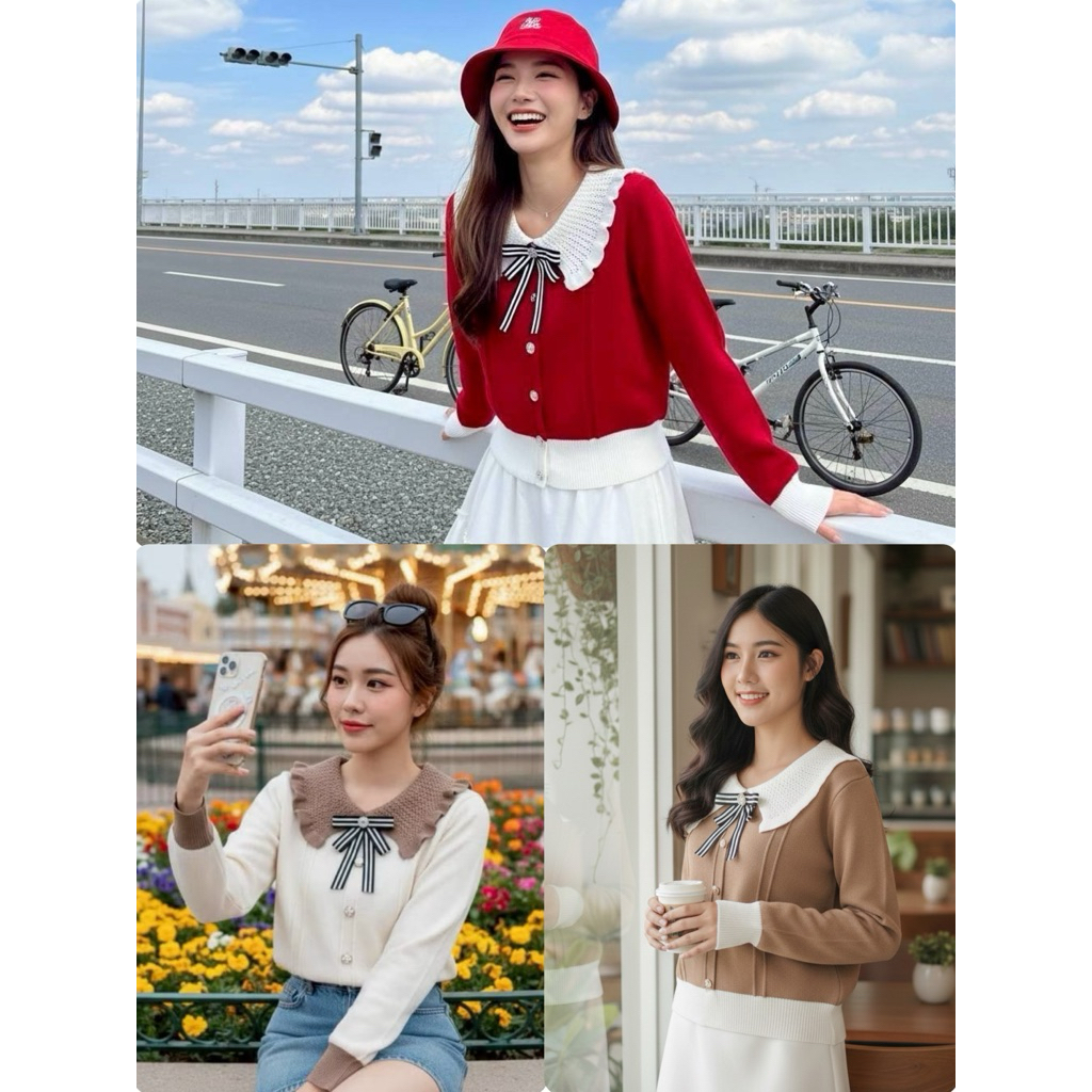 เสื้อไหมพรม คอบัวฉลุ ผ้าหนานุ่มใส่สบาย แถมเข็มกลัดโบว์ให้ทุกสี✨