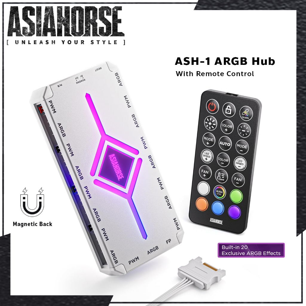 AsiaHorse-S1 ARGB Fan Hub Controller 9-Port for PC / กล่องฮับ RGB ต่อพ่วงพัดลมคอมฯ 9 พอร์ต [White]