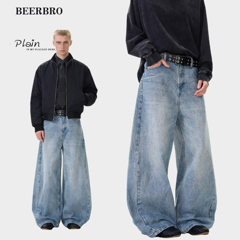 beerbroth-กางเกงยีนส์ตรงผู้ชาย ขายาว สีฟ้าอ่อน ทรงหลวม ขนาดใหญ่ แนวสตรีท baggyjeans หลวมสบายๆคุณภาพสูงสไตล์อเมริกัน