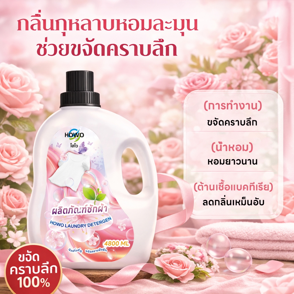 HOWO น้ำยาซักผ้า สูตรเข้มข้น ขนาด 4800 มล. กลิ่นดอกไม้ หอมติดทนยาวนาน72ชั่วโมง ขจัดคราบสกปรกได้อย่าง