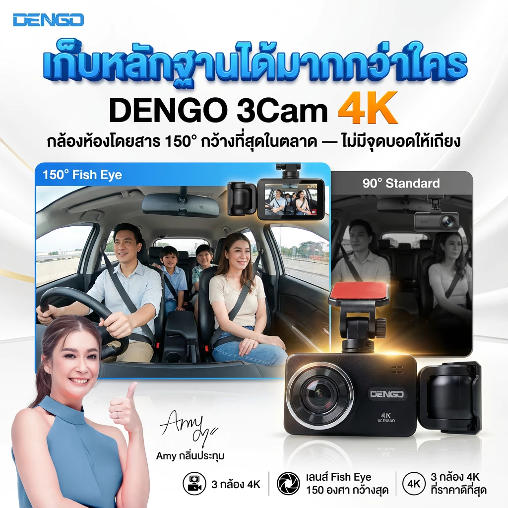 [กล้องรถเอมี่ 3 กล้องชัด 4K] Dengo 3 Cam 4K กล้องติดรถยนต์ 3กล้อง ห้องโดยสารเลนส์กว้าง เชื่อมต่อ Wifi ประกัน 1 ปี thumbnail 6