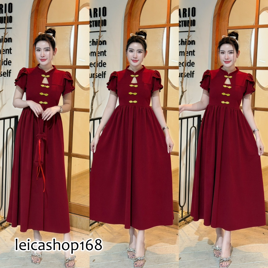 สินค้าพร้อมส่ง เซตเดรสผ้าวูลเวฟ  กระเป๋าตรุษจีน  +  เดรสกี่เพ้า คอจีน เว้าอก แขนกุหลาบแต่งระบาย สม๊อ