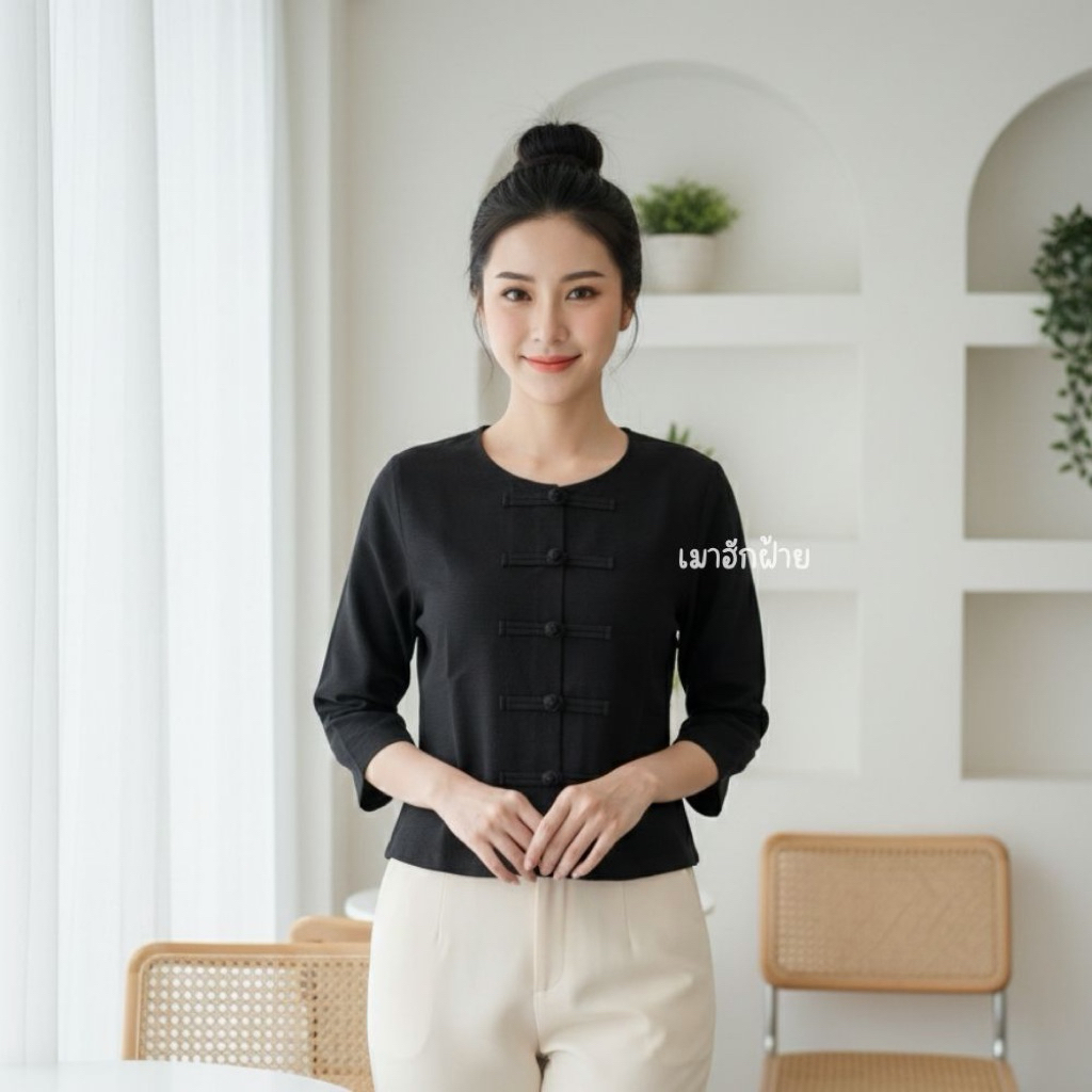 เสื้อผ้าฝ้าย สีดำ คอกลม แต่งกระดุมจีน แขนสามส่วน ผ้าฝ้ายชินไม ผ้าดี ทรงสวย