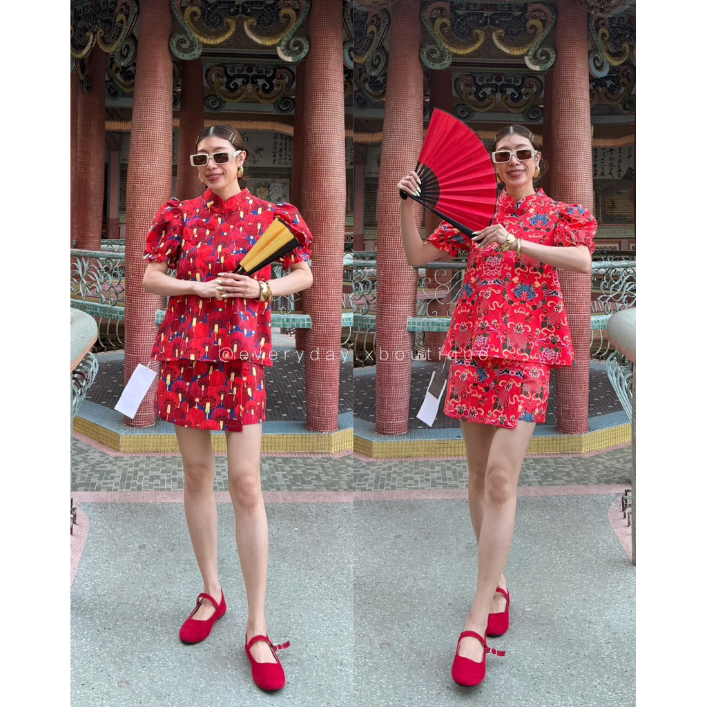 99 🏮CNY PUFF SLEEVES TOP + SKORT SET STUDIOX2🏮 (SMLXLXXL 790) เสื้อแขนพองทรงเอซิปหลัง มาเป็นเซ็ตคู่กับกระโปรงกางเกงทรงเอ