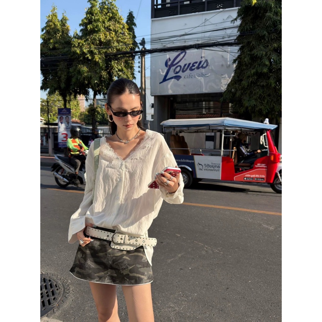 𝗖𝗔𝗠𝗢 𝗦𝗧𝗥𝗘𝗘𝗧 𝗔𝗥𝗠𝗬 𝗦𝗞𝗜𝗥𝗧 กระโปรงลายทหารทรงเอวต่ำรุ่น 26Q008 TAG MM FISH 🇰🇷 - รูปที่ 5