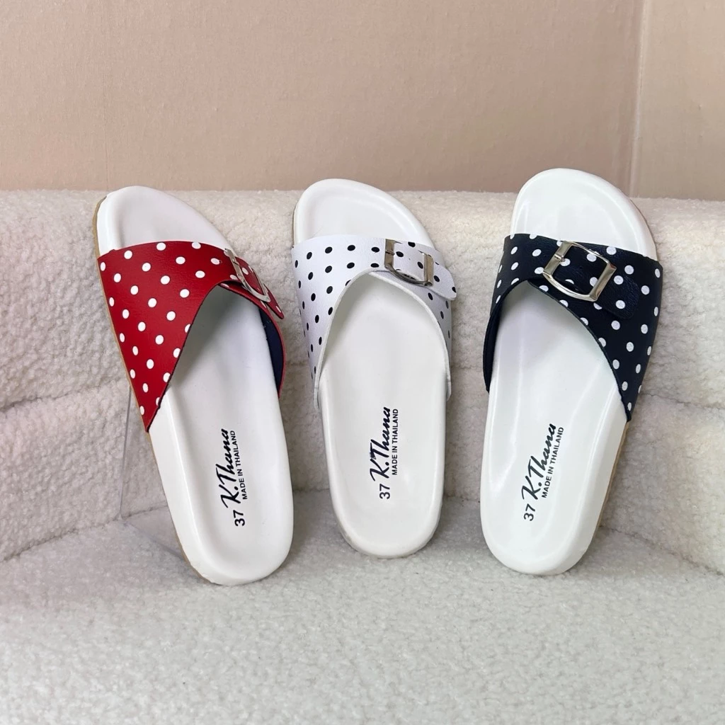 KTHANA รองเท้าแตะลายจุด polka dot มินิมอลสีขาว พี้นลายมะกูดแนะนำเท้าอูม+1ไซส์ 35-44 นุ่มเท้า