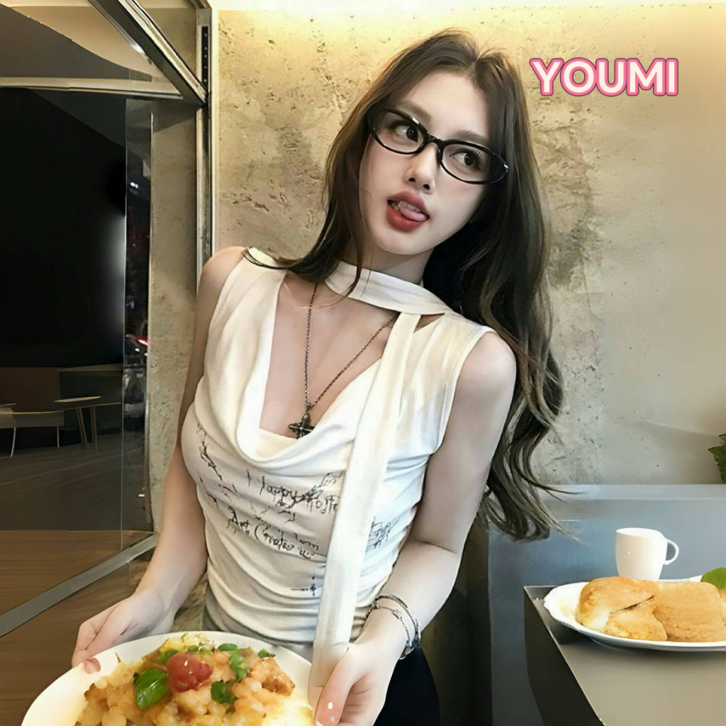 ส่งจากไทยทุกวัน เสื้อแขนกุด สไตล์อเมริกัน ดีไซน์สายพริ้ว หวานเซ็กซี่ ใส่แล้วสวย มี 2สี YOUMI