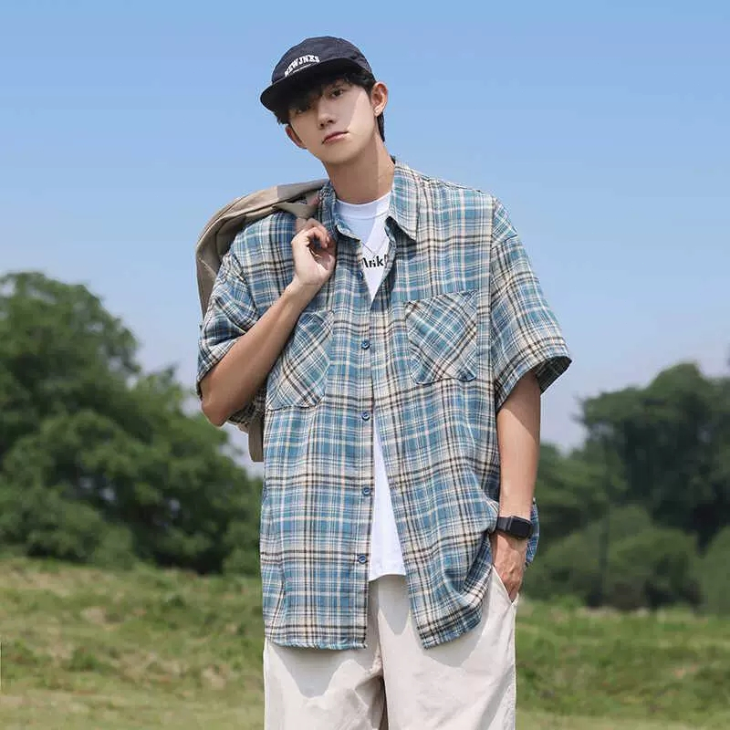 เสื้อลายสก๊อตผู้ชายเสื้อฤดูร้อนเสื้อเชิ้ตแขนสั้นสบาย ๆ สไตล์เกาหลีลายตารางผู้ชายแฟชั่นM-3XL