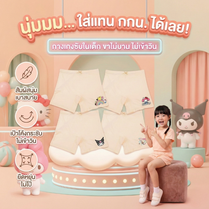 กางเกงซับในเด็กสีพีช(รุ่นใส่สบาย ขายดี) กางเกงใน กันโป๊  ลายซานรีโอ้ sanrio ขาไม่บาน  2-12ปี #1