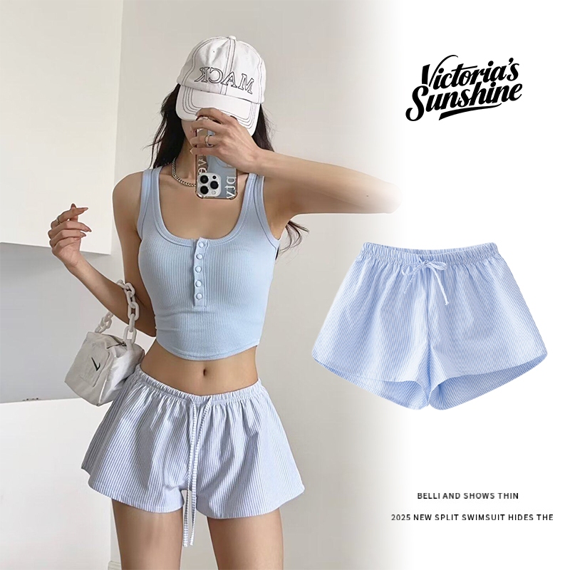 🌈พร้อมส่ง🌈กางเกงกีฬาขาสั้น ลําลอง shorts ทรงหลวม ลายทาง สีฟ้า สีขาว สําหรับผู้หญิง เที่ยวทะเล#0935