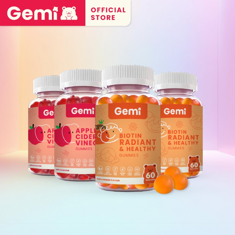Gemi เจมมี่ ไบโอตินและแอปเปิ้ลไซเดอร์กัมมี่ รวม 4 กระปุก / Gemi Biotin & Apple Cider Vinegar Gummy / GemiGumm
