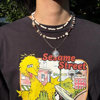 Piing me Necklace | สร้อยคอลูกปัดโทนสีครีมน้ำตาล/สร้อยคอสแตนเลสจี้พระอาทิตย์