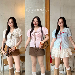 🌻เสื้อแขนตุ๊กตาคอวีผูกโบว์หน้าผ้าคอตตอน ดีเทลแต่งขอบกุ้นจับจ…