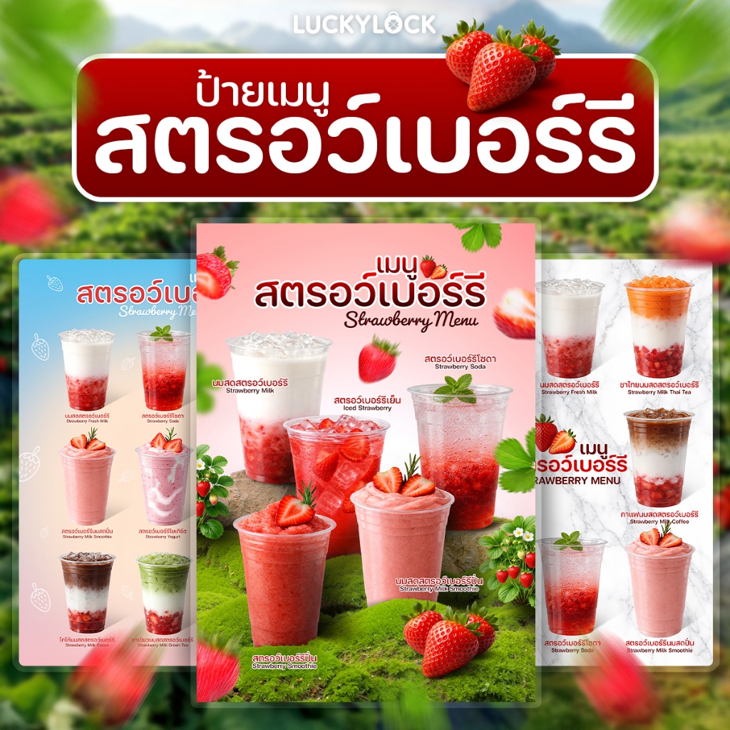 ป้ายเมนูรวมเครื่องดื่มสตรอว์เบอร์รี ป้ายโปสเตอร์ ร้านค้าและคาเฟ่ แบบเคลือบแข็งพร้อมใช้งาน