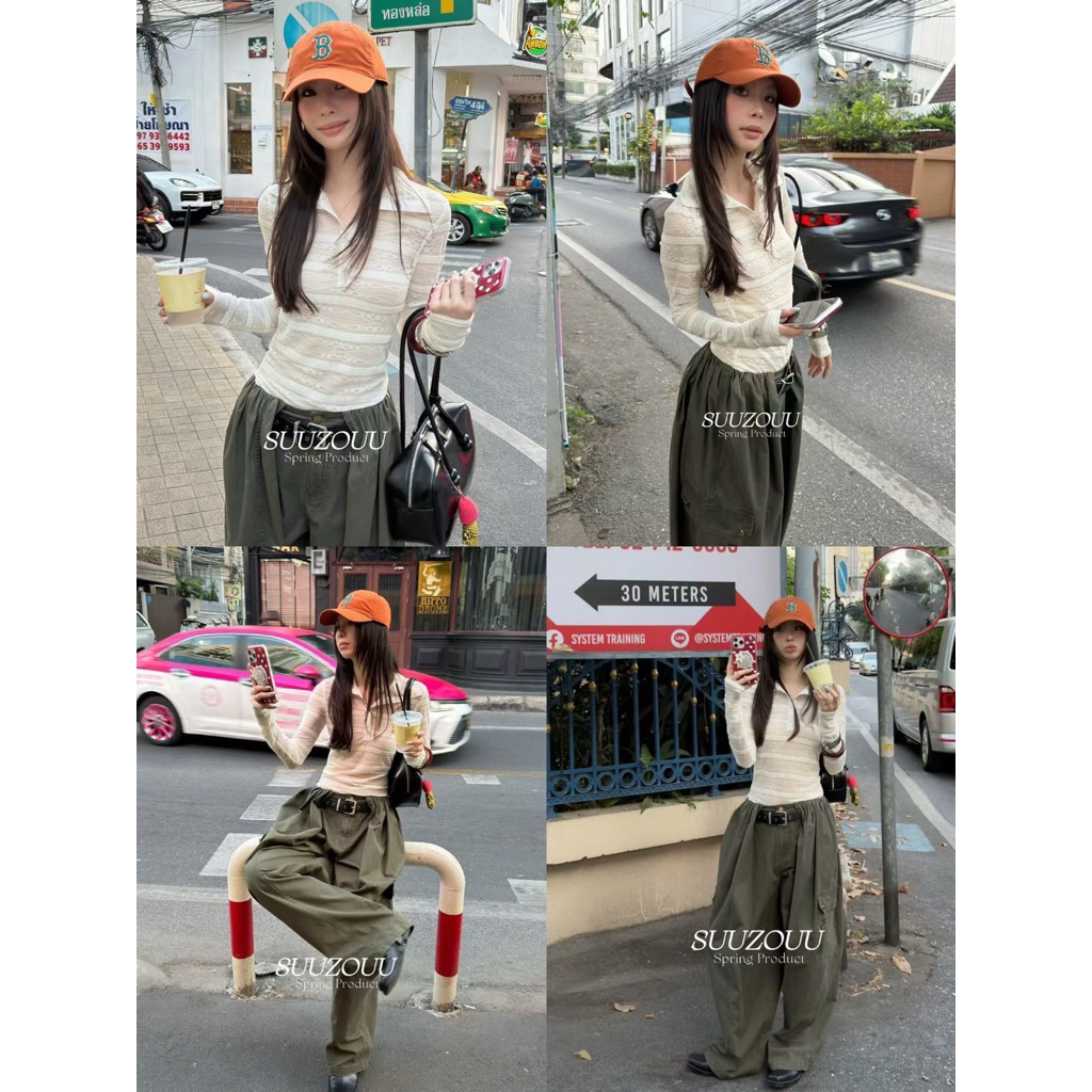 SU001 เสื้อแขนยาวคอปก แต่งลายขวาง ผ้ามีเทกเจอร์ลายสวย งานป้าย SUUZOUU