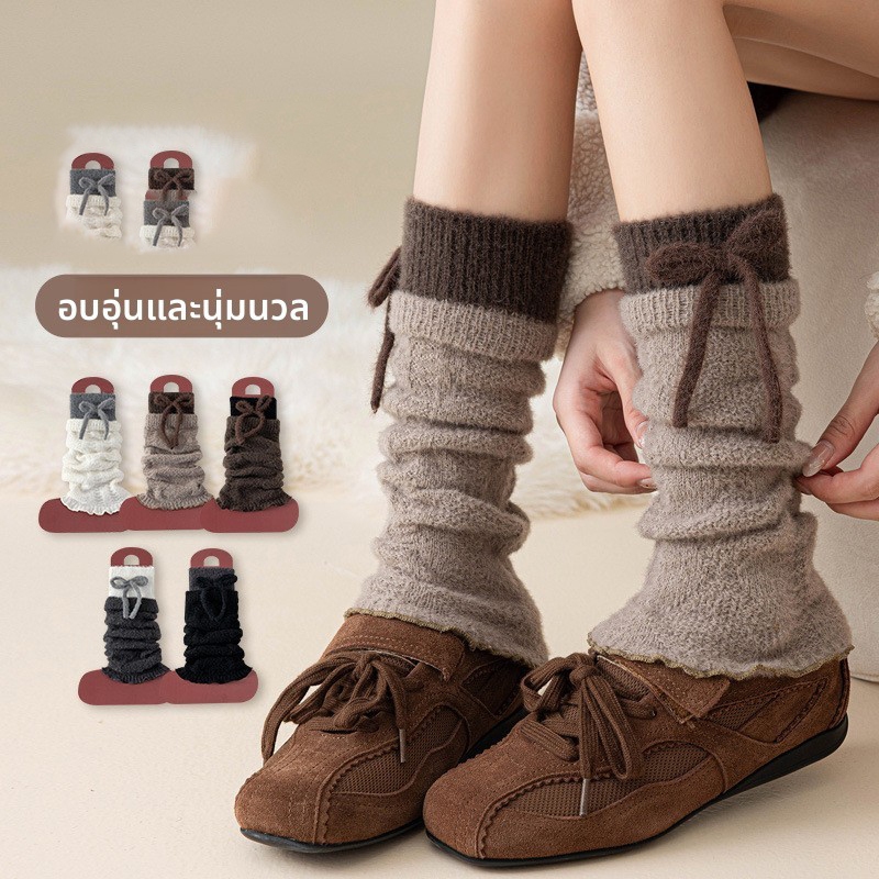 ถุงเท้าตุ๊กตา พิมพ์โบว์ นุ่มและอบอุ่น แบบญี่ปุ่นย้อนยุค